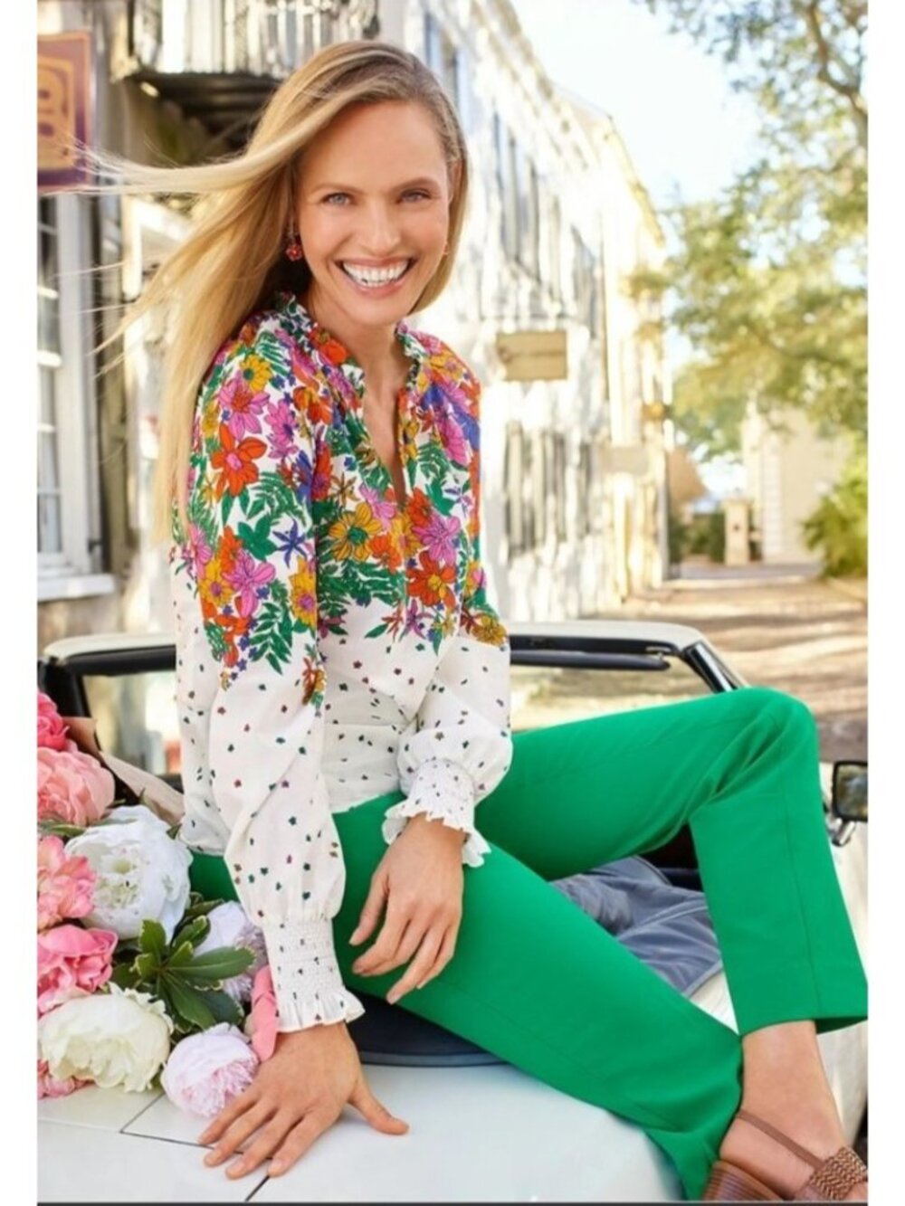 Talbots Blissful‎ Floral Smocked Cuff Blouse 2X Multicolor Cotton Peasant Boho
